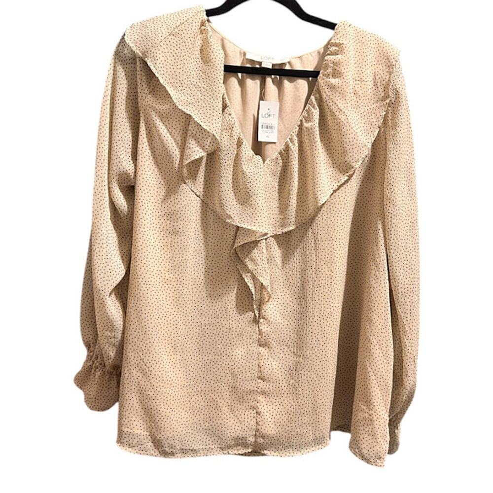 NWT LOFT Cream W/Black Polka-Dots Long Sleeved Ruffled V-Neck Blouse Size XL